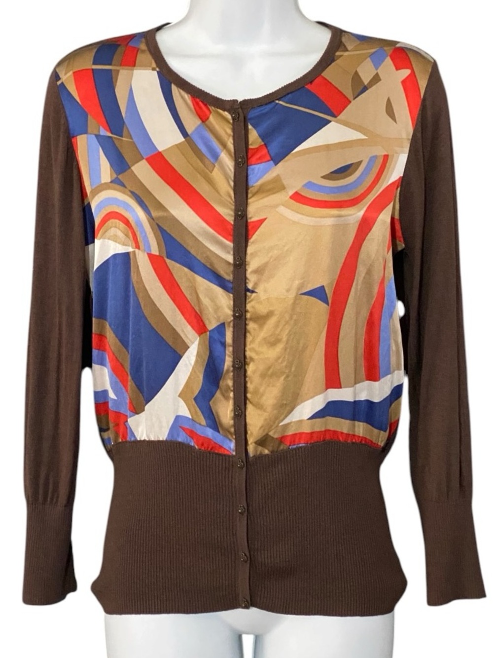 T Tahari Silk Blend Cardigan M Abstract Print Brown Artsy Retro Mod Geometric - Picture 2 of 10